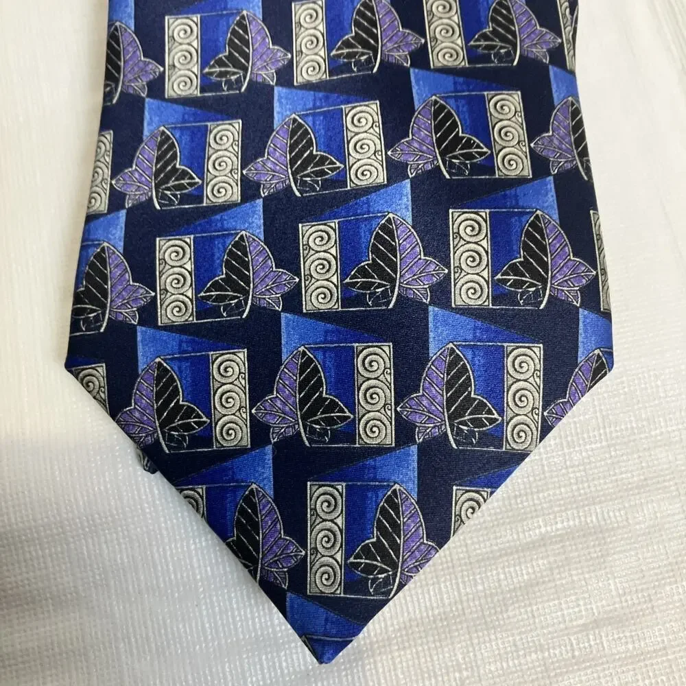 Lanvin Paris Mens Silk Tie Blue Purple Geometric Leaf‎ Made in France Designer